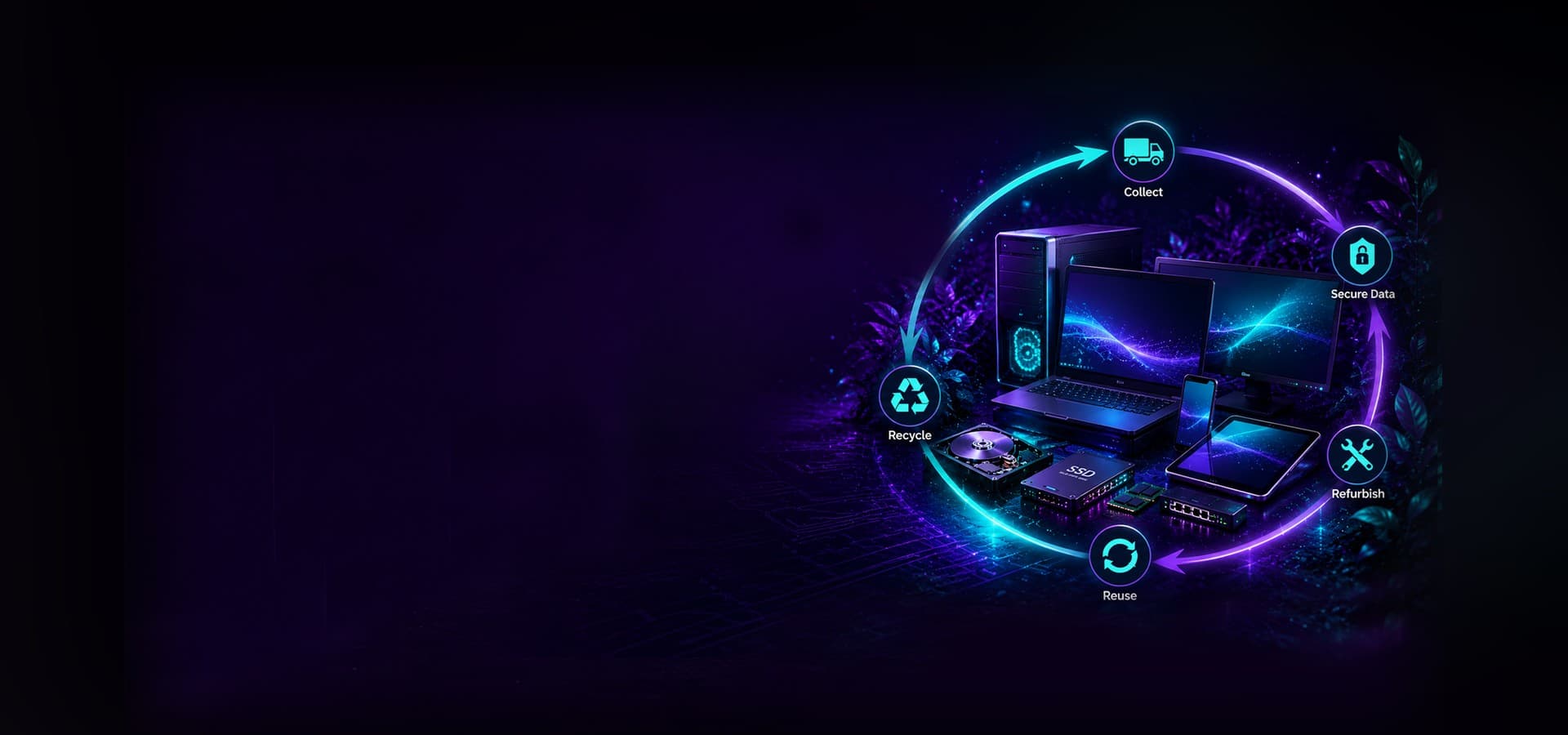 The Divine Greentech lifecycle: collect, secure data, refurbish, reuse and recycle, shown around a cluster of recovered laptops, monitors, drives and phones