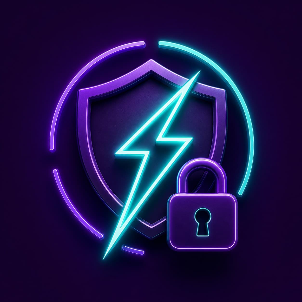 A neon shield, lightning bolt and padlock, representing secure data destruction and wiping