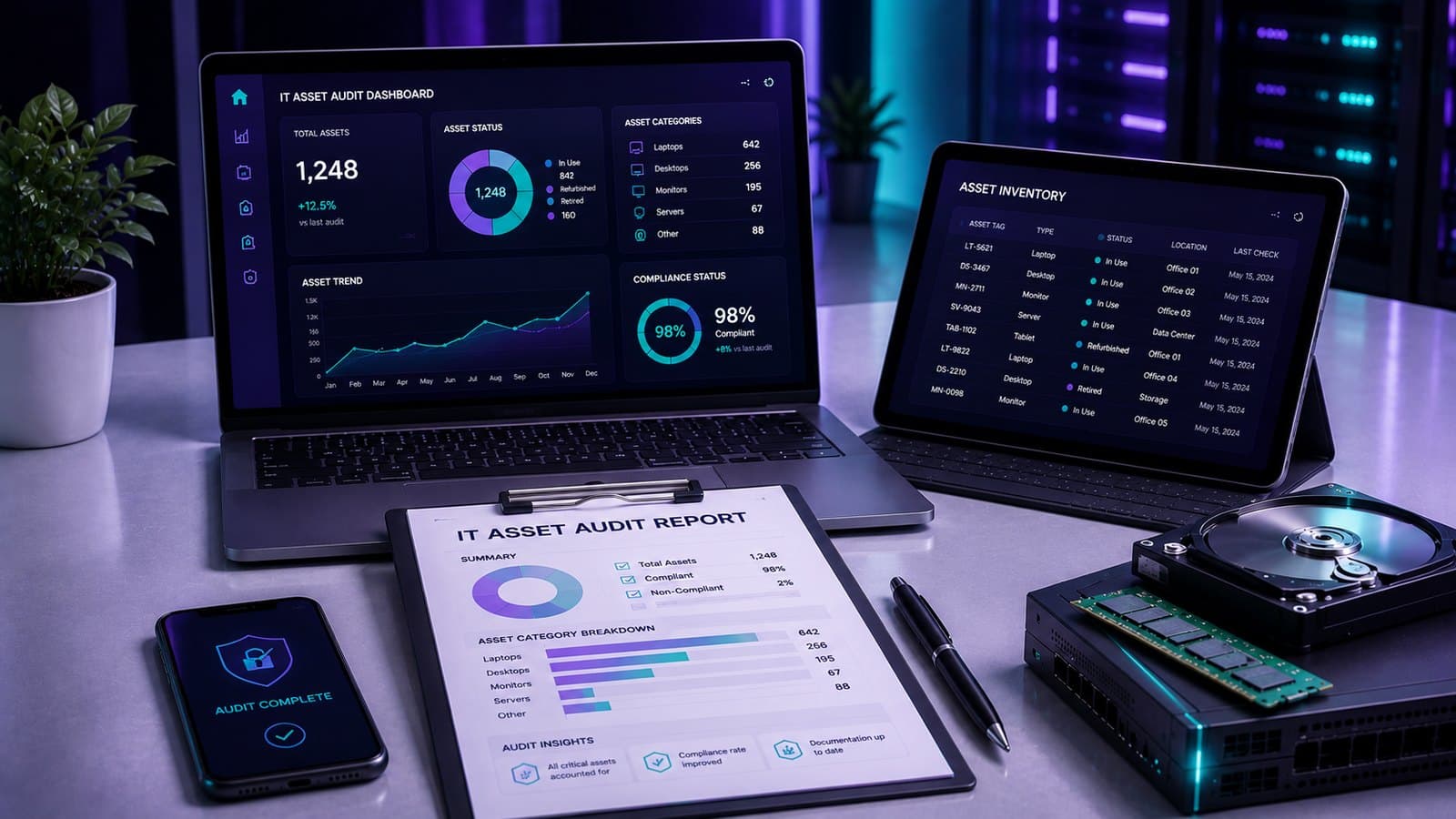 An IT asset audit dashboard on a laptop and tablet beside a printed asset audit report