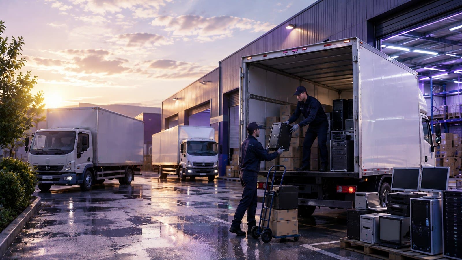 Two technicians loading recovered desktops and monitors into a collection lorry at a depot