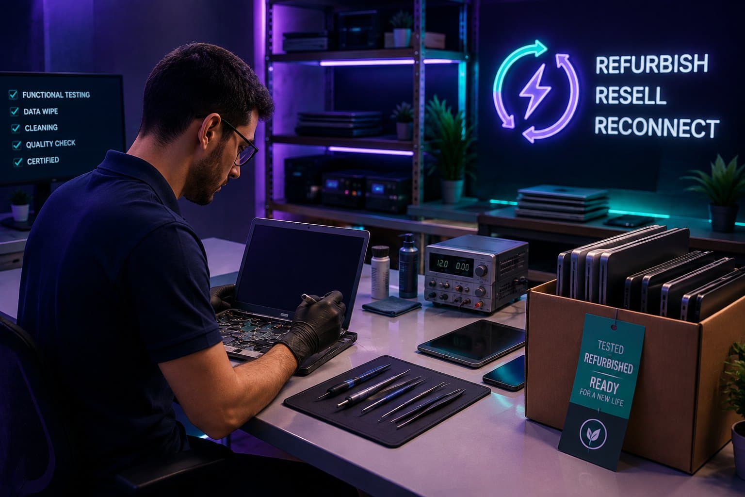 A technician testing a laptop at a refurbishment bench beside a box of devices ready for resale