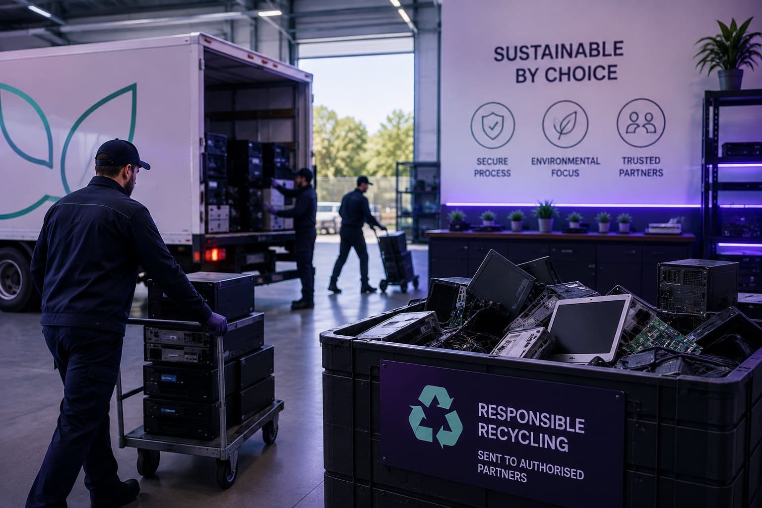 Staff moving recovered equipment in a warehouse beside a crate marked for responsible recycling through authorised partners